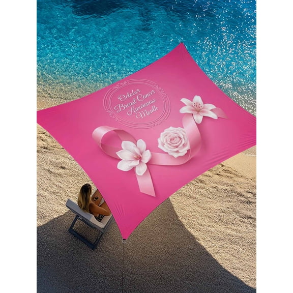 Pink Flower Sun Shade Sail 6.5' x 10', Ribbons Caring For Breast Cancer Simple Rectangle Outdoor Sunshade Canopy, Waterproof UV Block Patio Covers for Garden Yard Beach