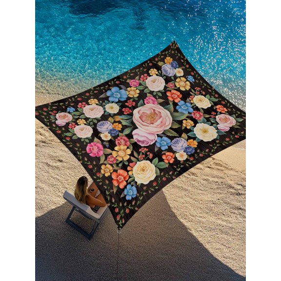 Pink Flower Sun Shade Sail 6.5' x 10', Spring Retro Pink Yellow Rose Floral Plant Branch Black Rectangle Outdoor Sunshade Canopy, Waterproof UV Block Patio Covers for Garden Yard Beach