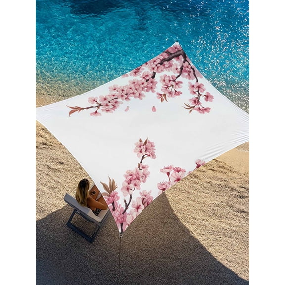 Pink Flower Sun Shade Sail 8' x 10', Watercolor Spring Pink Cherry Blossoms Floral Branch Plant Rectangle Outdoor Sunshade Canopy, Waterproof UV Block Patio Covers for Garden Yard Beach