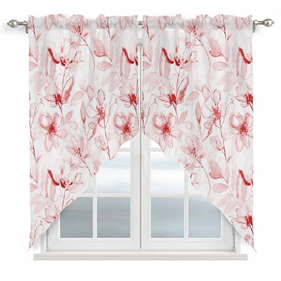 Pink Flower Swag Valances for Windows 2 Pack, Kitchen Window Curtains 36 Inch Length, Watercolor Floral Botanical Line Drawing Print Privacy Swag Curtains for Living Room/Bathroom 36"x36"