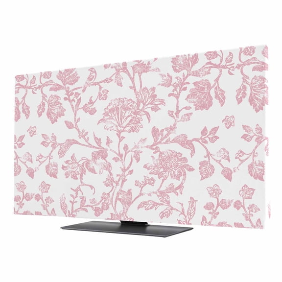 Pink Flower TV Cover for 24 Inch Screen,Stretch Fabric Dustproof TV Display Protector,Vintage Farmhouse Boho Leaf Spring Solid Elastic Slipcover Monitor Cover for Indoor Desktop Computer 20.9"x11.8"