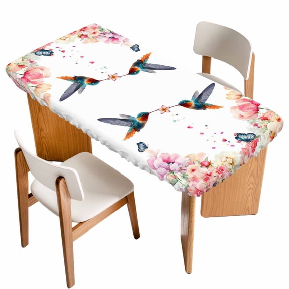 Pink Flower Table Cloths for 6 Foot Rectangle Tables, Spring Floral Butterflies Birds Farmhouse Patio Waterproof Elastic Fitted Tablecloths, Washable Rectangular Table Cover for Camping