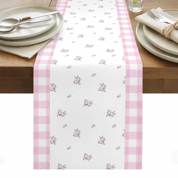 Pink Flower Table Runner 13x36 Inch Farmhouse Romantic Pink Gingham Checkered Borders Cotton Linen Dining Table Runner Ideal for Dresser Kitchen Coffee Tables - Machine Washable