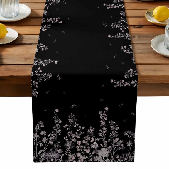 Pink Flower Table Runner, Dragonfly Leaf Bud Ink Style Black Background Kitchen Table Runners Dress Scarves for Table Decorations Party/Restaurant/Indoor Outdoor Use, 13x90in