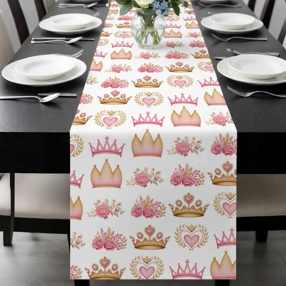 Pink Flower Table Runner, Love Princess Crown Rose Abstract Floral Washable Cotton-linen Table Runners Dining Kitchen Decoration for Everyday Home Wedding Party Decor, 13 x 120 Inch