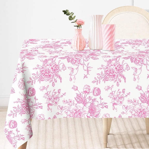 Pink Flower Tablecloth Rectangle Floral Fabric Table Cloth Washable Wildflower Table Cover for Picnic Dinner Table Decoration, 60 x 102 Inch
