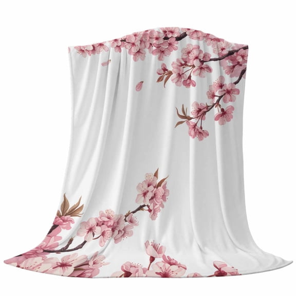 Pink Flower Throw Flannel Blanket Watercolor Spring Pink Cherry Blossoms Floral Branch Plant Super Soft Cozy Bed Blanket, Lightweight Plush Fuzzy Bed Throw for Bedroom Sofa Couch 30x40In,