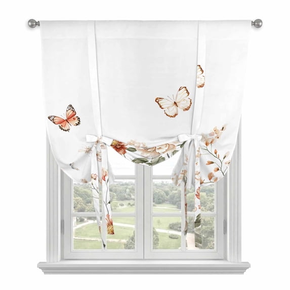 Pink Flower Tie Up Curtain 45 Inches Long, Butterfly Wildflower Leaf Balloon Style Kitchen Window Curtain Over Sink, Small Window Rod Pocket Curtain 42"x45"