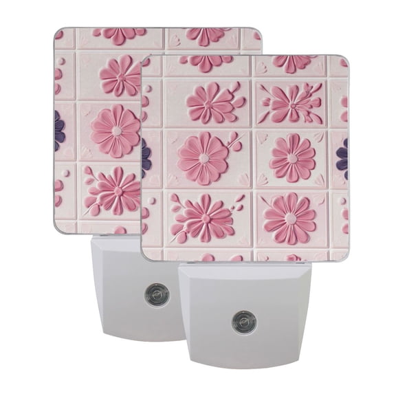 Pink Flower Tile LED Night Light with Smart Sensor Plug Into Wall Dusk to Dawn 2 packs