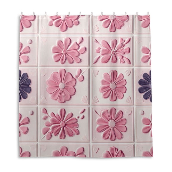 Pink Flower Tile Shower Curtain Liner 66x72 Inch Waterproof Shower Curtains Decorative Bathroom with 12 Pack Hooks