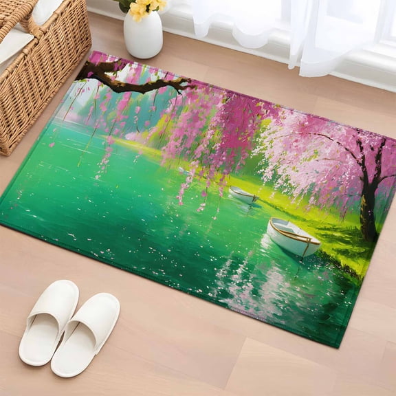 Pink Flower Tree 2'x3' Rug for Entryway Front Door Kitchen Sink Area, Small Boat Oil Painting Spring Plant Low Pile Non Slip Rectangle Area Rug, Machine Washable Indoor Outdoor Mat