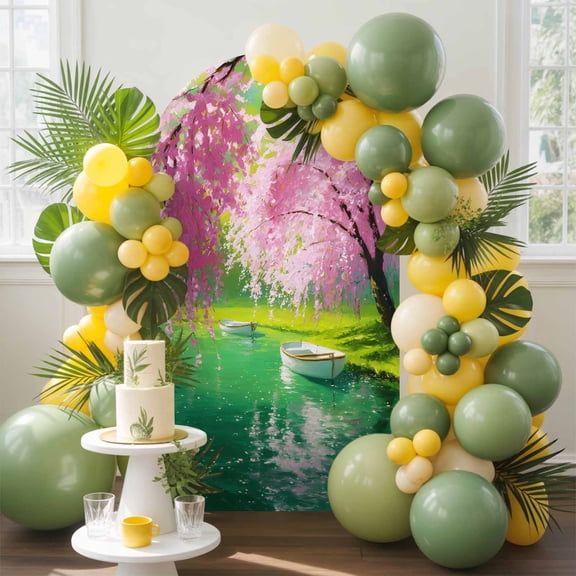 Pink Flower Tree Arch Backdrop Cover, 4FT, Small Boat Oil Painting Spring Plant Spandex Arch Covers Double-Sided Backdrop for Wedding Birthday Party Photo Background Decoration