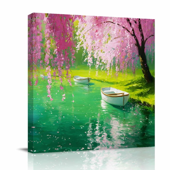 Pink Flower Tree Canvas Wall Art for Living Room, Small Boat Oil Painting Spring Plant Wall Decor Framed Artwork Pictures Ready to Hang for Bedroom Office Home Decor