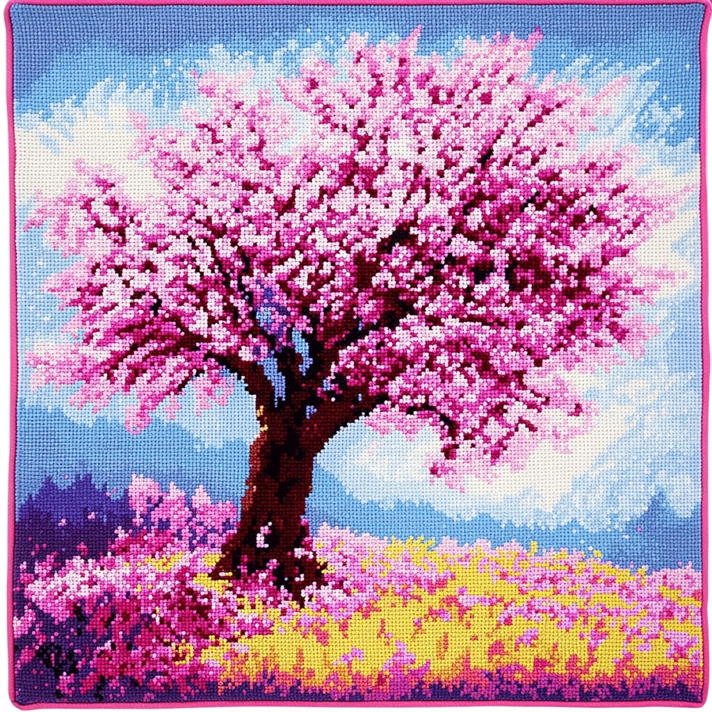 Pink Flower Tree Cross Stitch Cushion Cover 11CT Stamped Embroidery Kit 18x18inch