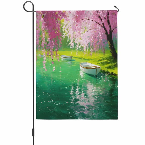 Pink Flower Tree House Flags For Outdoor, Small Boat Oil Painting Spring Plant Small Double Side Yard Flags Weather Proof House Decor for Lawn Outside Holiday 28 x 40 Inches