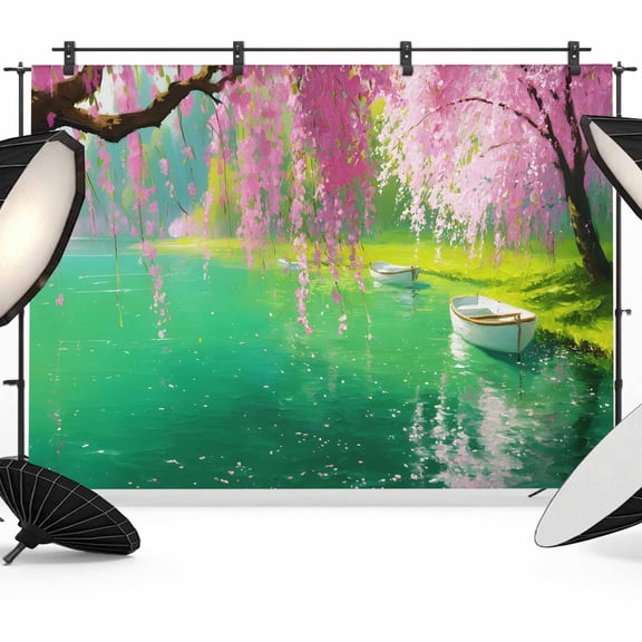Pink Flower Tree Photography Backdrop 7x5FT, Small Boat Oil Painting Spring Plant Photo Backdrops, Background for Photography Studio Photo Studio Background, Back Drop for Photoshoot