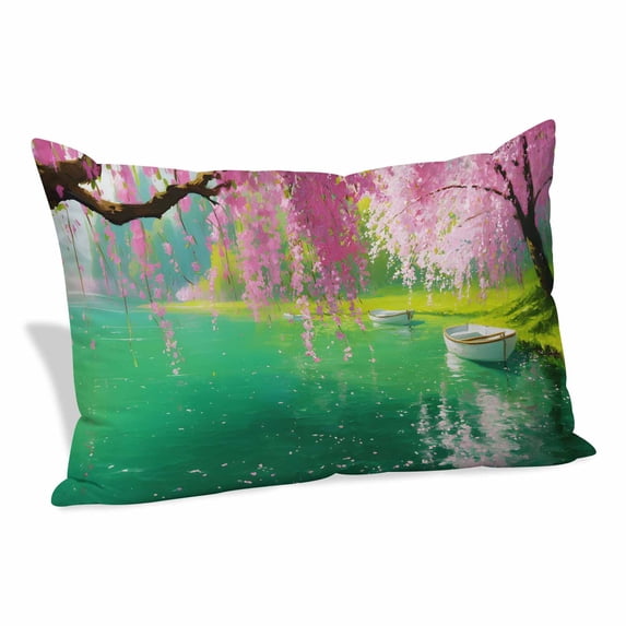 Pink Flower Tree Pillow Covers, Linen Long Throw Pillow Case, Spring Lake Boat Country Natural Scenery Holiday Pillow Protector Decorative Cushion Cover for Living Room/Bedroom 12" x 20"