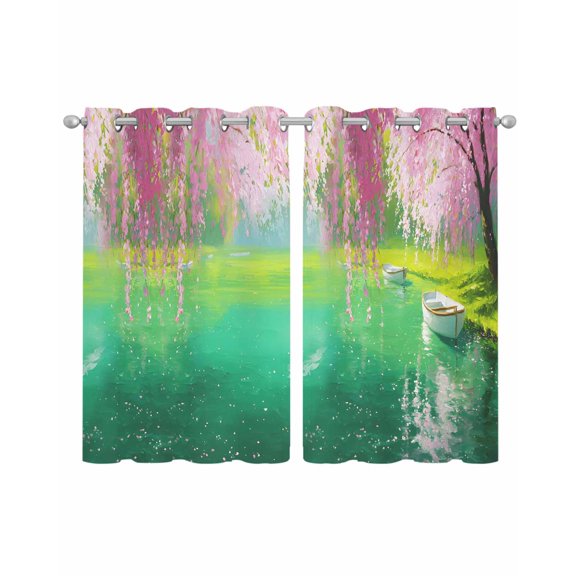 Pink Flower Tree Sheer Curtains 39 Inch Length 2 Panels Set for Living Room/Bedroom, Spring Lake Boat Country Natural Scenery Kitchen Curtains Grommet Curtains Window Treatments 27.5"x39"x2