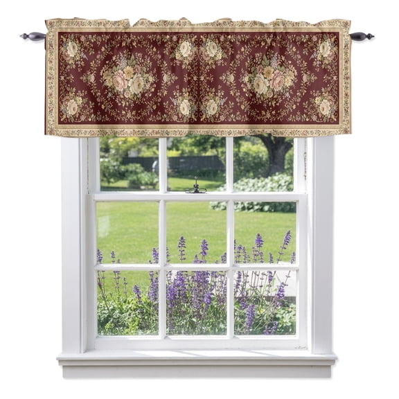 Pink Flower Valance Curtain 1 Panel, Classical Beige Floral Vine Art Prints Burgundy Backdop Kitchen Valance with Rod Pocket Window Treatment Short Curtains for Bathroom Bedroom, 42 x 12 Inches
