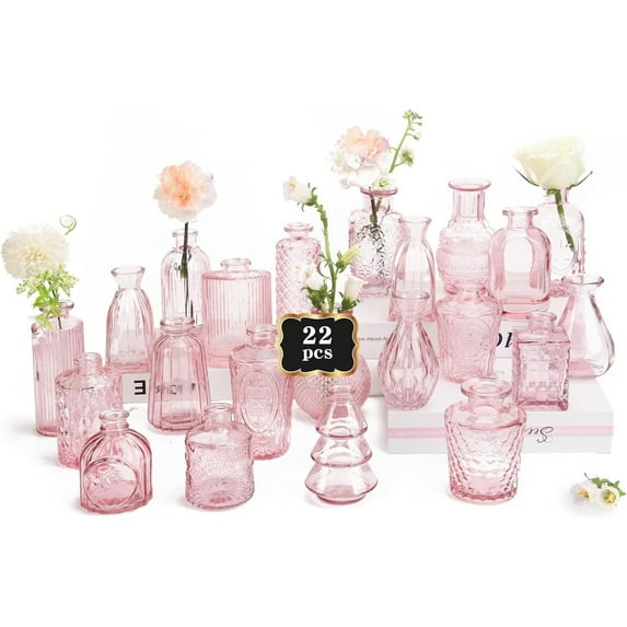 Pink Flower Vase, 22 Glass Bud Vases Vintage Small Vases for Centerpiece Table Wedding Decorations Home Decor Party