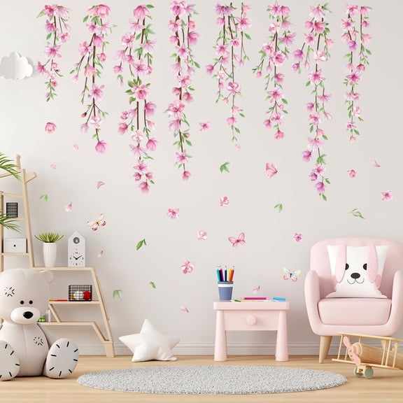 Pink Flower Vine Wall Decals Hanging Floral Wall Stickers Spring Cherry Blossom Peel and Stick Wall Art Decal Removable Vinyl Mural for Girls Bedroom Nursery Living Room