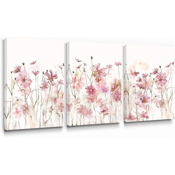 Pink Flower Wall Art Bedroom 3 Piece Romantic Floral Wildflower Plants Nature Scenery Canvas Watercolour Paintings, Red Bloom Pictures for Teen Girl Room Living Room, 12 x 16 inch