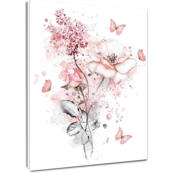 Pink Flower Wall Art Pink Butterfly Grey Leaf Unframed Poster Fantasy Floral Vertical Canvas Prints Wall Decor for Bathroom Living Room Bedroom Kitchen Office,12Wx12L inch