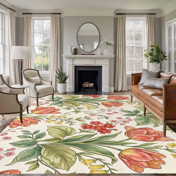 Pink Flower Washable Living Room Rugs 6'x9', Tulip Red Yellow Floral Vintage Country Plant Low Pile Throw Large Area Rug Non-Slip Sturdy Edge Binding Carpet for Dining Room Kitchen Office