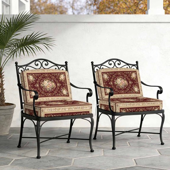 Pink Flower Waterproof Cushion Covers Set of 2, Classical Beige Floral Vine Art Prints Burgundy Backdop 20x18 Inch Stretch Outdoor Couch Cushion Covers Chair Sofa Seat Slipcover for Patio