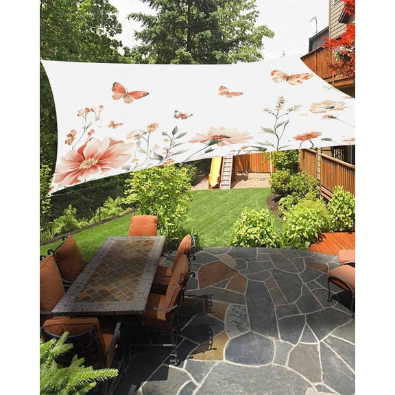 Pink Flower Waterproof Sun Shade Sail Butterfly Wildflower Leaf Pastoral Style Outdoor Patio Sun Shades Canopy UV Block Waterproof Sunshade for Garden Backyard Deck Pergola 8x10 Ft