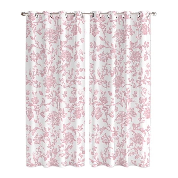 Pink Flower Window Curtains Panels with Silver Grommet, Vintage Farmhouse Boho Leaf Spring Solid Kitchen Cafe Curtain Draperies Window Treatment Set for Living Room/Bedroom/Laundry/Bathroom, 84x84