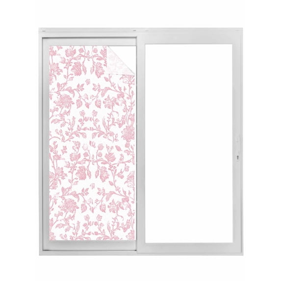 Pink Flower Window Privacy Film, Vintage Farmhouse Boho Leaf Spring Solid Static Cling UV Sun Blocking Tint Film Heat Control Windows Films for Bedroom Bathroom, Window Stickers 23.6"x59"