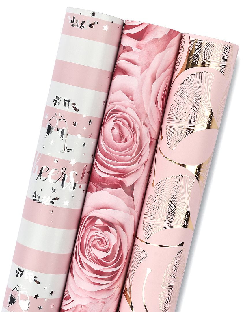 Pink Flower Wrapping Paper - Mini Roll - Paper Gift Wrap Papers, (3 Rolls)  43.2 sq ft. 