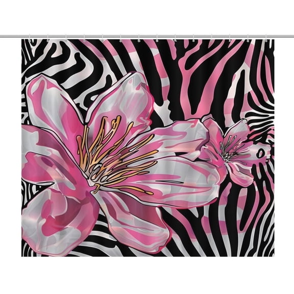 Pink Flower Zebra Print Print Shower Curtain,Cloth Fabric Waterproof Polyester Bathroom Home Decor Set with Hooks