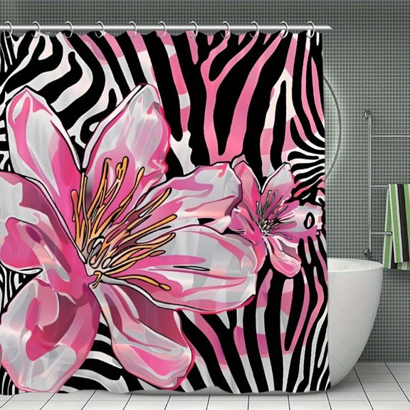 Pink Flower Zebra Print Print Shower Curtain,Cloth Fabric Waterproof Polyester Bathroom Home Decor Set with Hooks