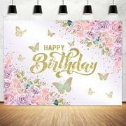 Pink Flower and Butterfly Backdrop Happy Birthday Banner Background Girls Women Birthday Party Backdrop Cake Table Birthday Decor 7X5FT