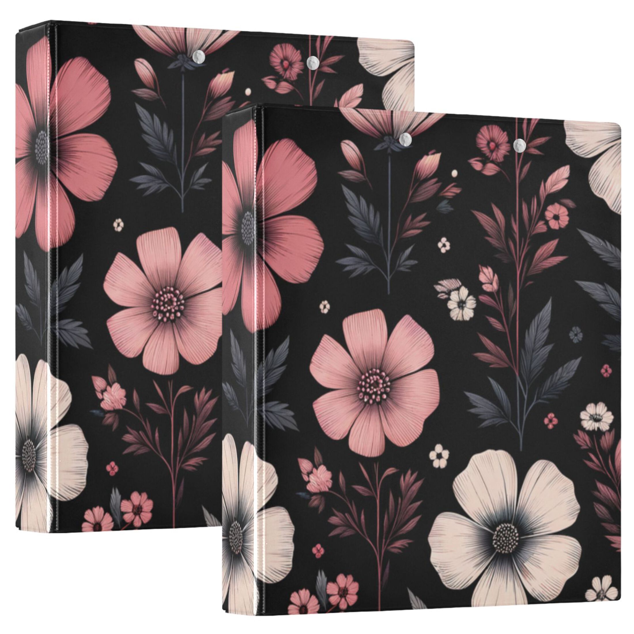 Pink Flower on Black 3 Ring Binders 1.5 inch Hardcover File Folders with Interior Pockets A4 Size Organizer for School Office Hospital