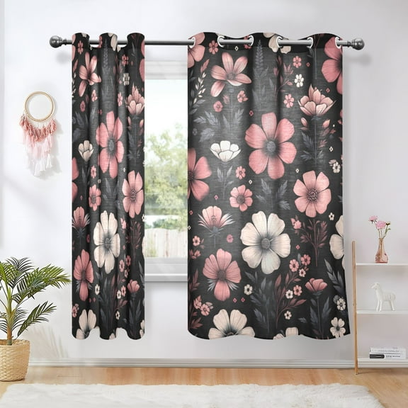 Pink Flower on Black Blackout Curtains 63 inch Length 2 Panels Window Decoration Curtains for Bedroom Living Room