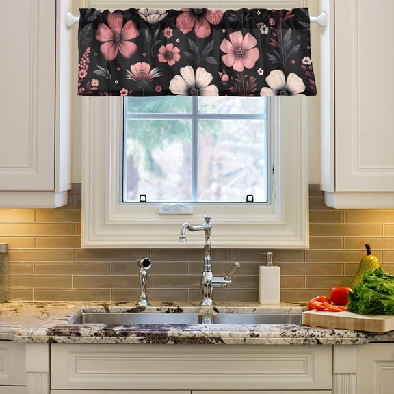 Pink Flower on Black Curtain Valances Farmhouse Design Window Treatment Decor Blackout Rod Pocket for Windows Living Room Kitchen 54" x 18"