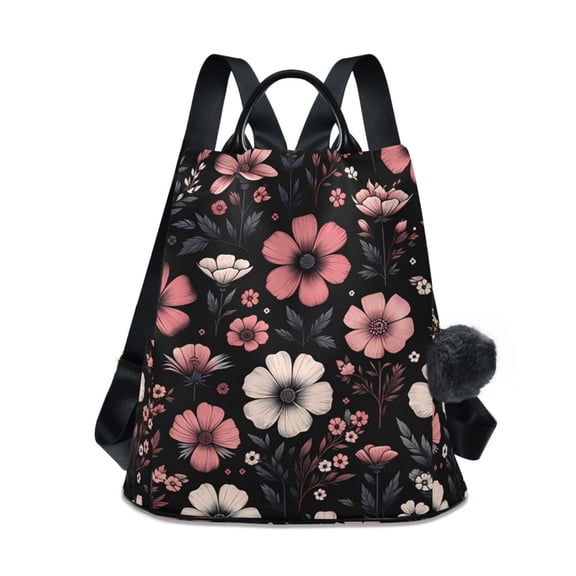 Pink Flower on Black Travel Laptops Backpack for Women Anti-theft Casual Work Bag Daypack Lightweight Laptop Bag