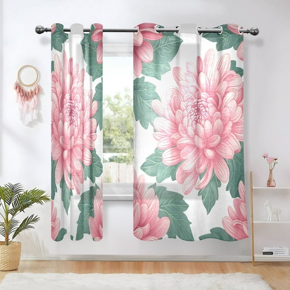 Pink Flower with Green Leaves Blackout Curtains Thermal Insulation 63 inch Grommet for Bedroom Living Room Bathroom Kitchen Windows 2 Pack
