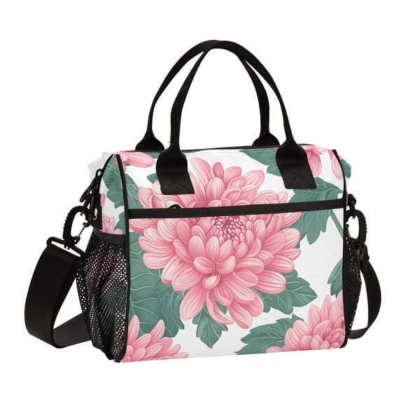 Pink Flower with Green Leaves Cooler Bag Lunch Bag Soft Cooler Cooling Tote Insulated Lunch Box for Adult Men Women