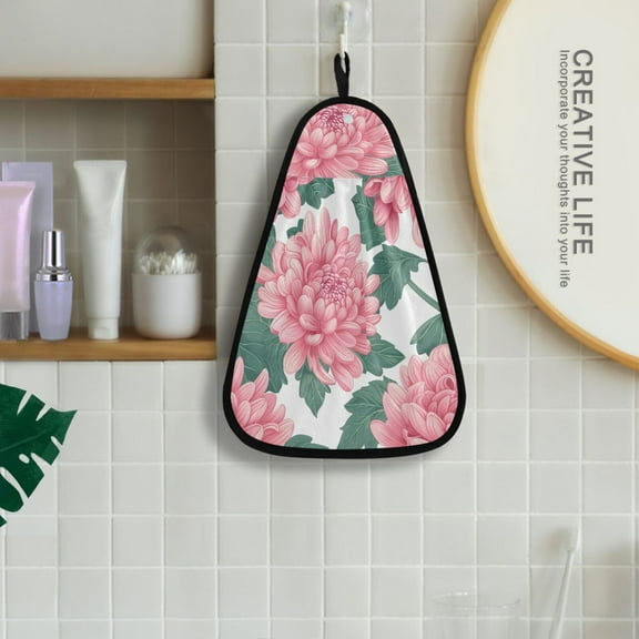 Pink Flower with Green Leaves Hanging Towel Kitchen Hand Towel Bathroom Absorbent Towel Machine Washable Quick Dry Dishcloths