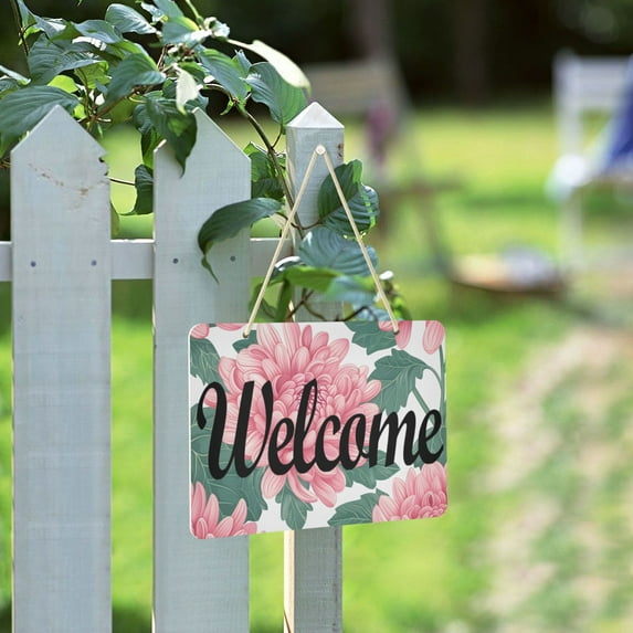 Pink Flower with Green Leaves Welcome Sign for Front Door Porch Wreath Door Sign Home Decoration Rustic Farmhouse Style