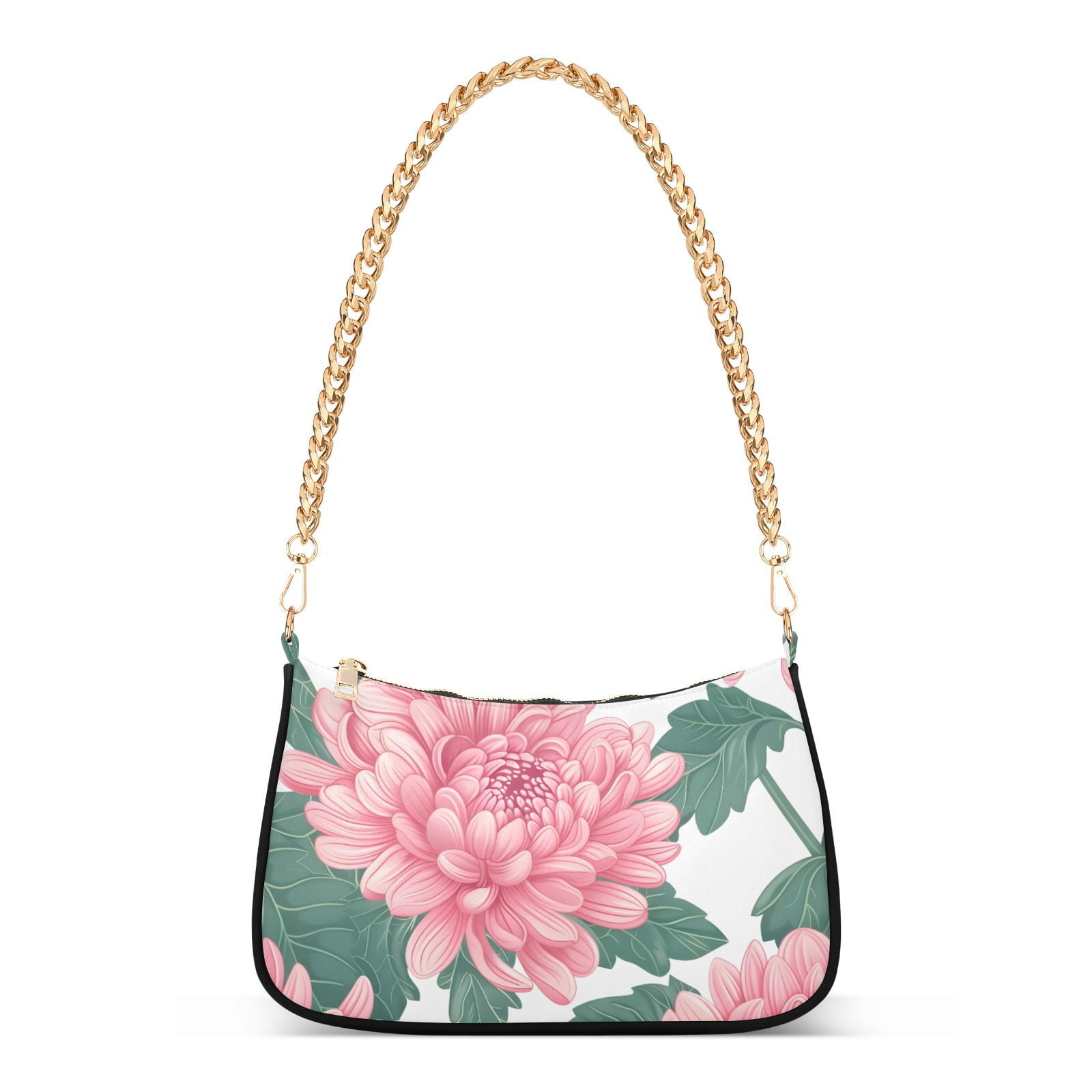 Pink Flower with Green LeavesWomen Small Shoulder Bag Crossbody Tote Hobo Bags Purse Clutch Handbags with Chain Strap for Women