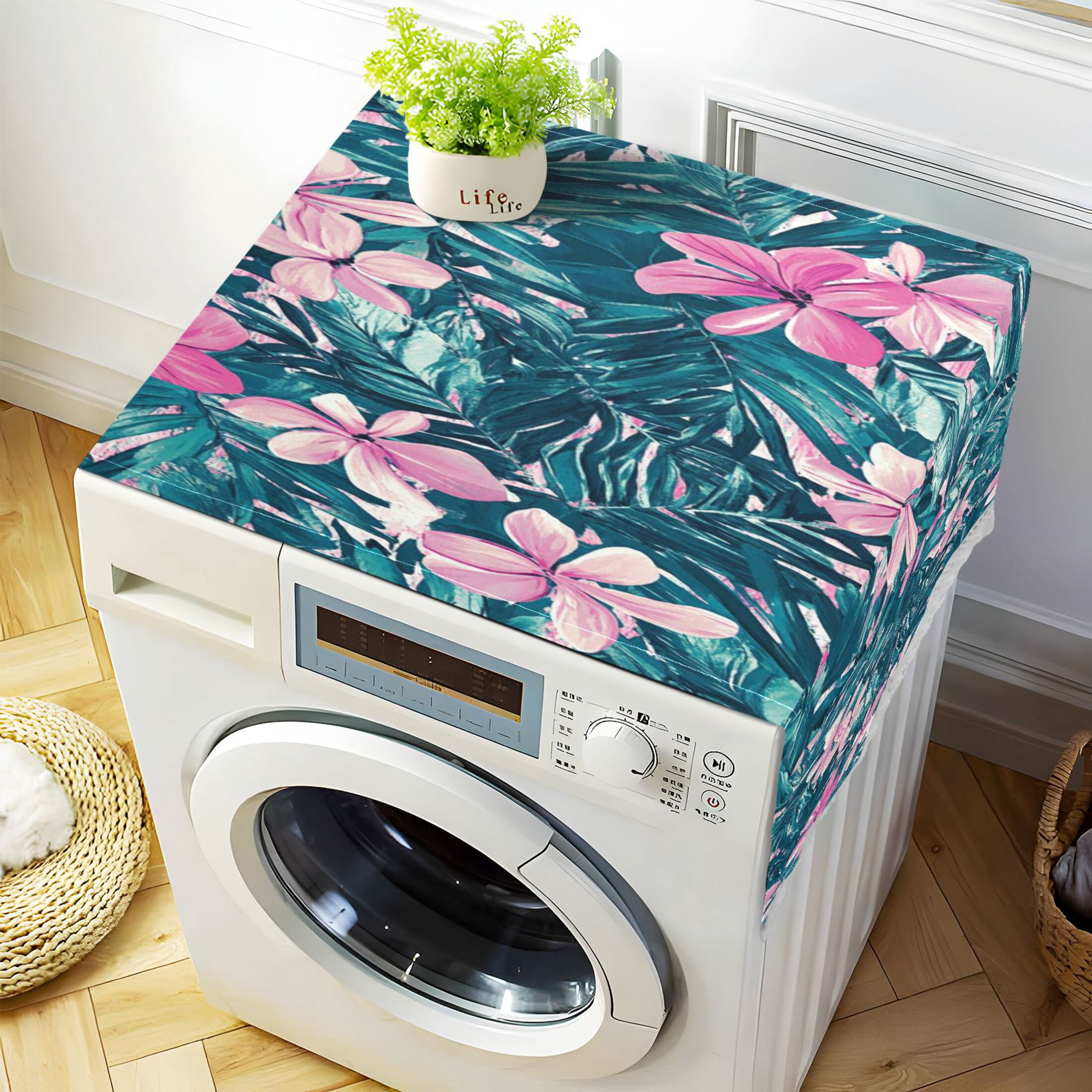 Pink FlowerWasher and Dryer Covers Dust-Proof and Oil Resistant Fridge Cover with 4 Storage Pockets Washing Machine Top Cover for Laundry Kitchen Home 51.2 x 22 In