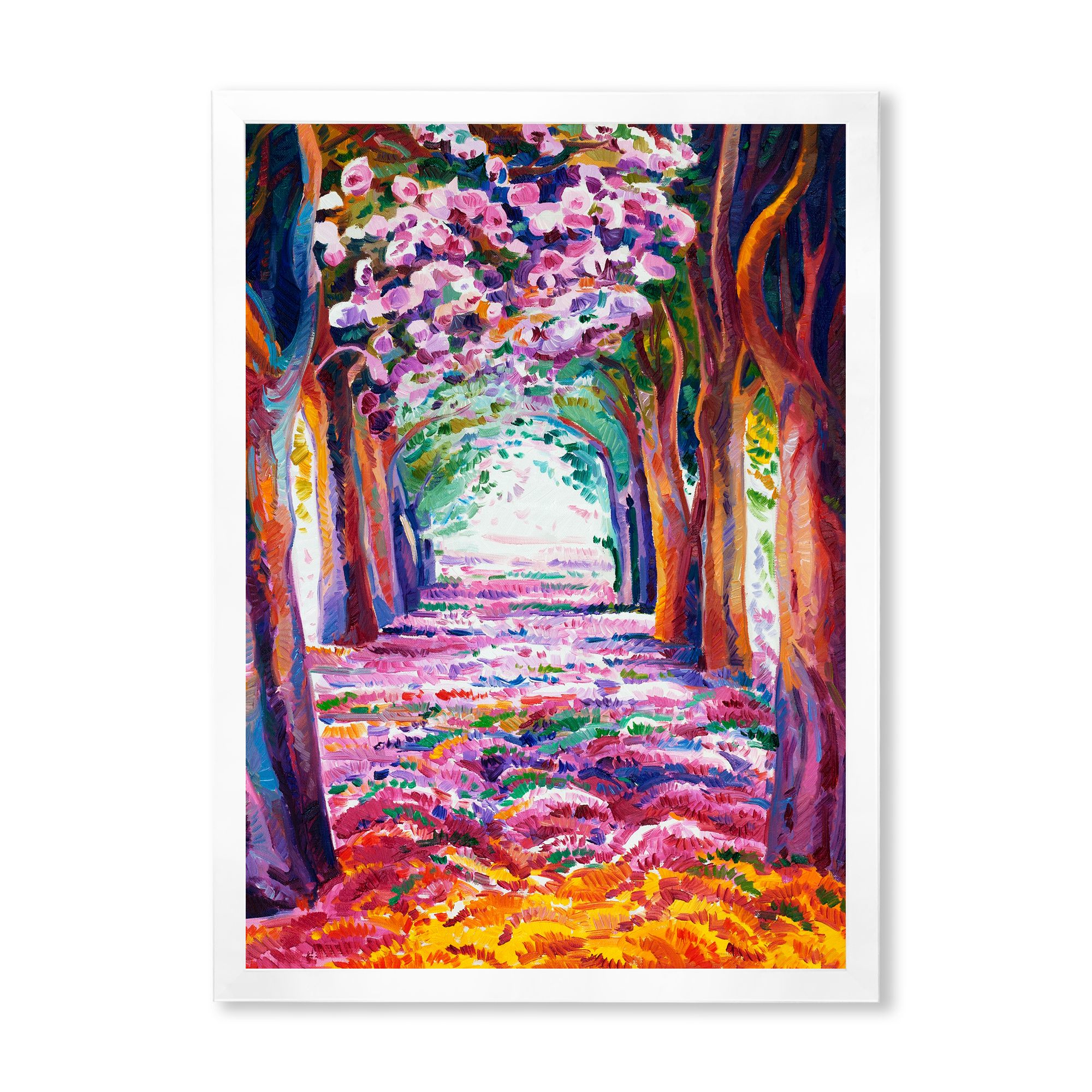 Pink Flowering Colorful Spring Forest 12 in x 20 in Framed Painting Canvas Art Print, by Designart