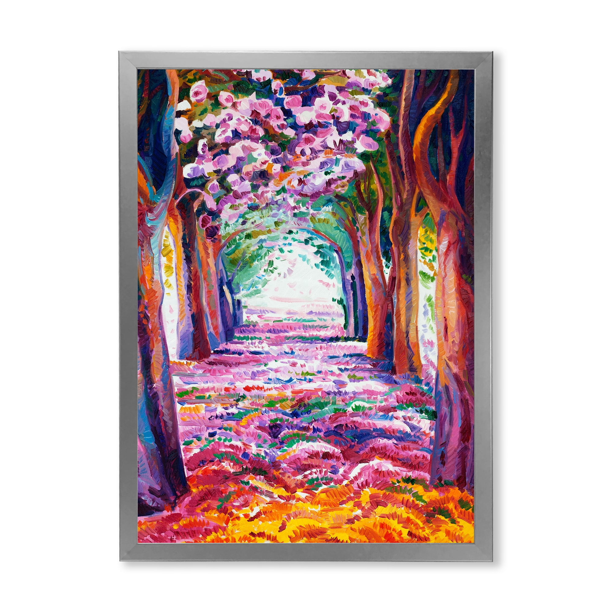 Pink Flowering Colorful Spring Forest 12 in x 20 in Framed Painting Canvas Art Print, by Designart
