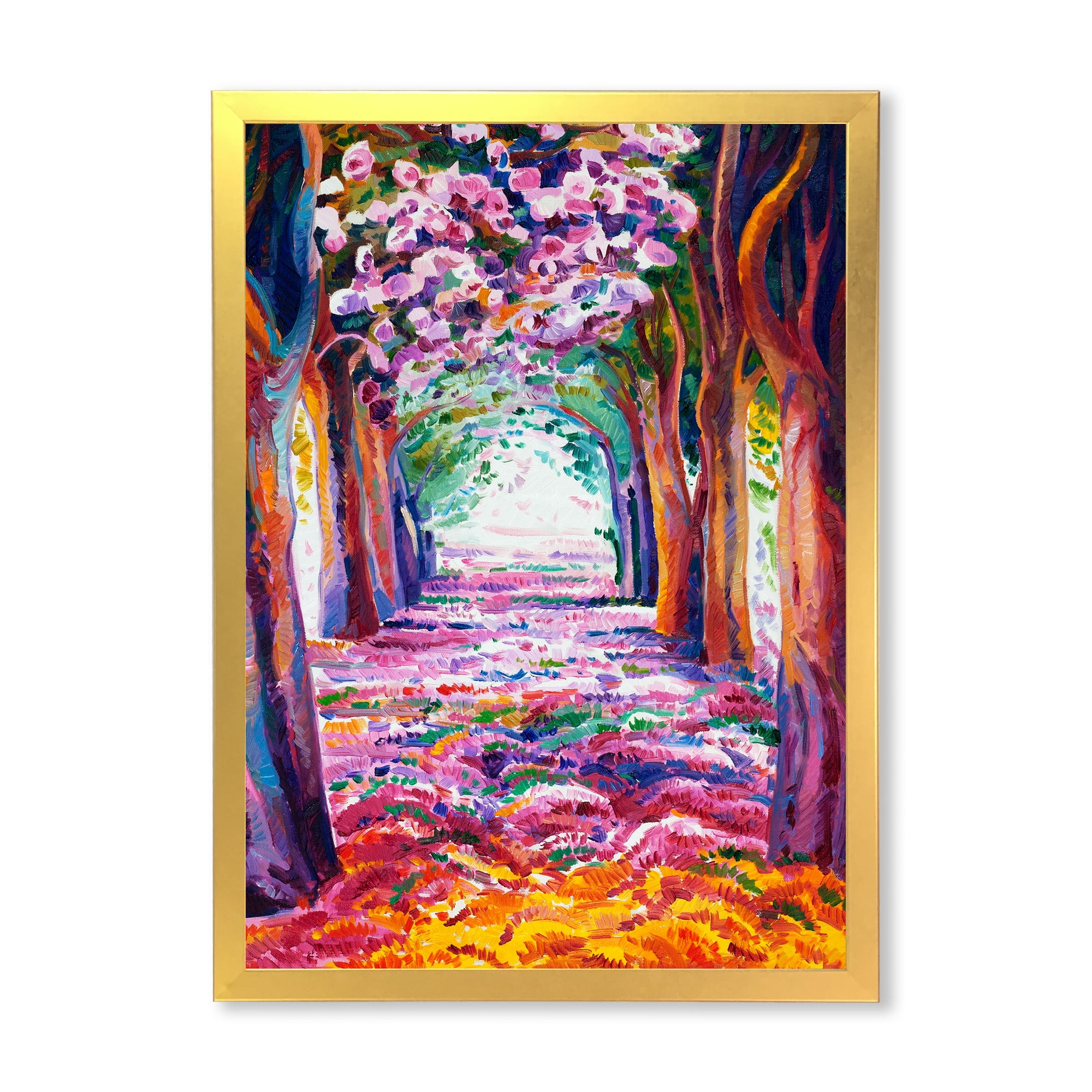 Pink Flowering Colorful Spring Forest 16 in x 32 in Framed Painting Canvas Art Print, by Designart