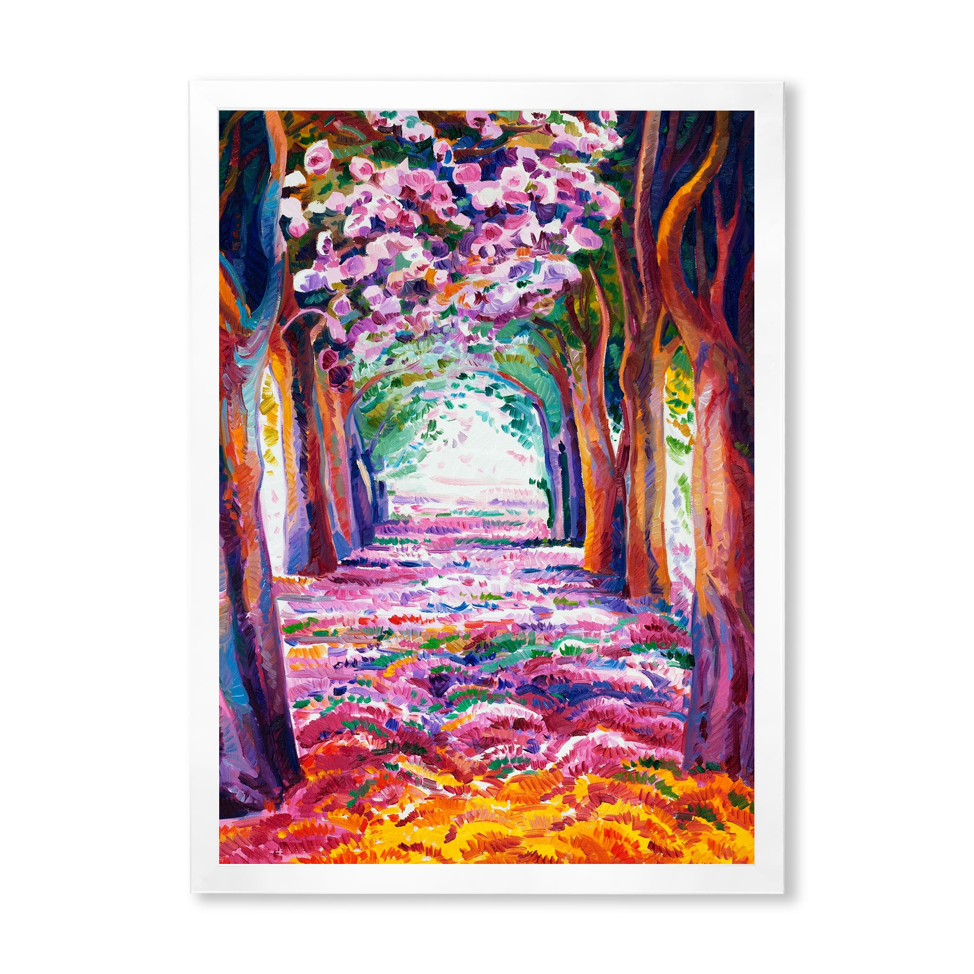 Pink Flowering Colorful Spring Forest 24 in x 32 in Framed Painting Canvas Art Print, by Designart